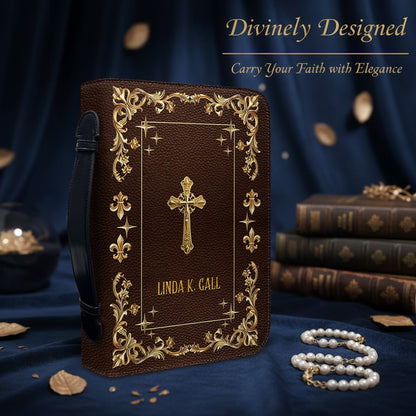 CHRISTIANARTBAG Personalized Bible Cover - Custom Engraved Gold Floral Leather Case with Cross & Handle