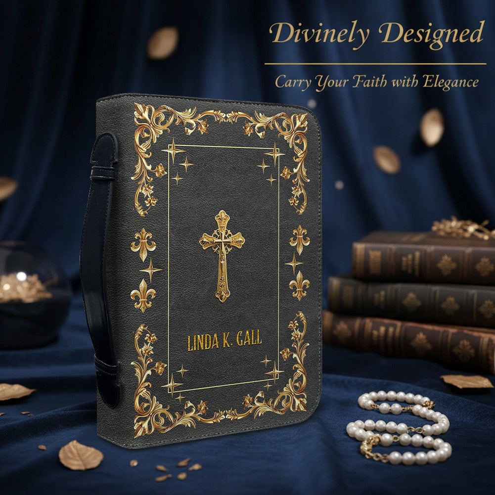CHRISTIANARTBAG Personalized Bible Cover - Custom Engraved Gold Floral Leather Case with Cross & Handle