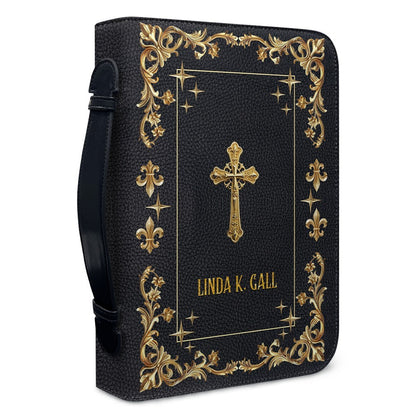 CHRISTIANARTBAG Personalized Bible Cover - Custom Engraved Gold Floral Leather Case with Cross & Handle