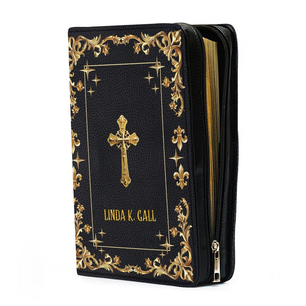 CHRISTIANARTBAG Personalized Bible Cover - Custom Engraved Gold Floral Leather Case with Cross & Handle