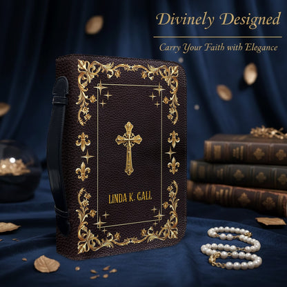 CHRISTIANARTBAG Personalized Bible Cover - Custom Engraved Gold Floral Leather Case with Cross & Handle