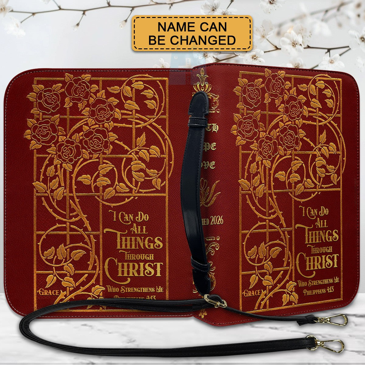 Personalized Bible Cover with Name – Christian Floral Leather Bible Case, Philippians 4:13 | CHRISTIANARTBAG CAB013126