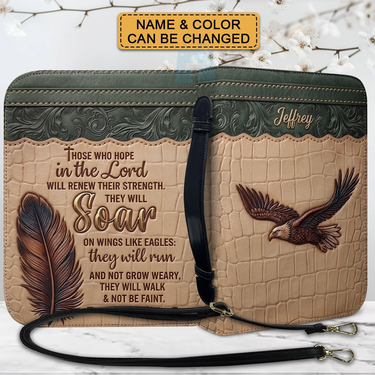 Personalized Bible Cover with Strap by CHRISTIANARTBAG - Custom Engraved Name & Isaiah 40:31 Eagle Design