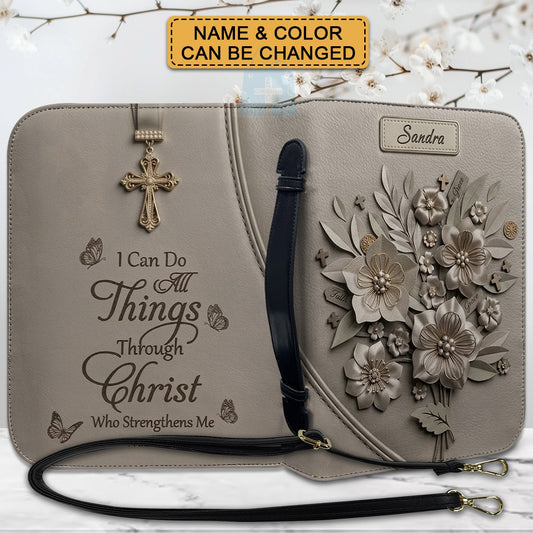 Personalized Bible Cover Case with Handle & Strap, Custom Leather Bible Bag with Name & Scripture - CHRISTIANARTBAG 01080226