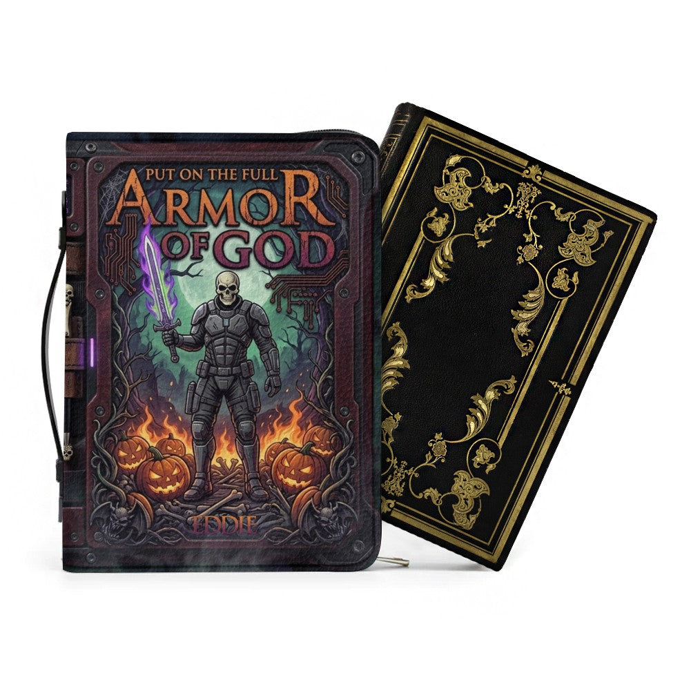 Personalized Armor of God Bible Cover, Custom Name Christian Bible Case, Halloween Pumpkin Gothic Bible Bag, Christian Gift for Him Men | CHRISTIANARTBAG CAB0171326