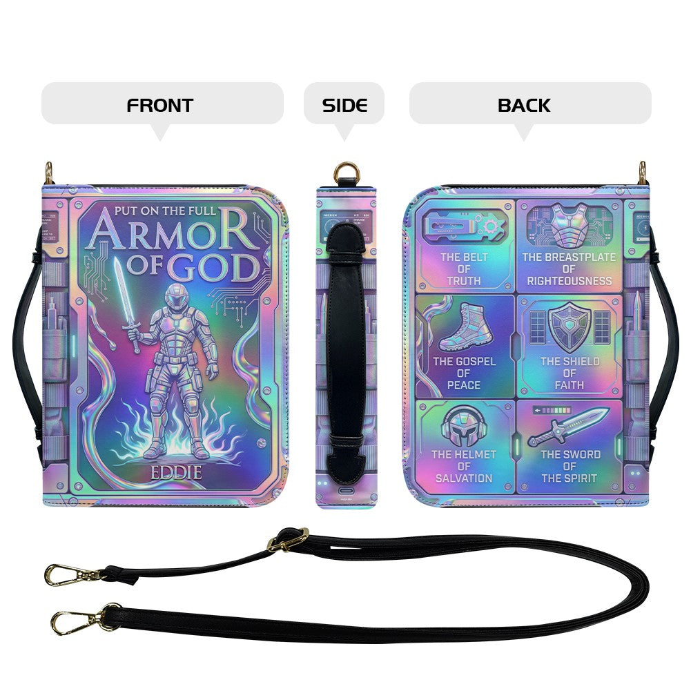 Personalized Armor of God Bible Cover with Name – Custom Holographic Christian Bible Bag with Carrying Handle & Strap | CHRISTIANARTBAG CAB03100626