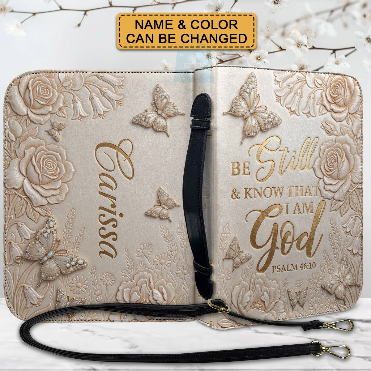 Personalized Bible Cover Case with Handle & Strap, Custom Name & Color Floral Butterfly Bible Carrying Bag, Psalm 46:10 Gift for Women - CHRISTIANARTBAG CAB01092826