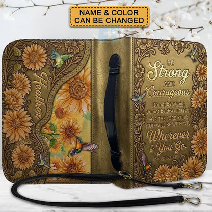 Personalized Bible Cover with Name & Verse - Sunflower Hummingbird Leather Bible Case, Be Strong Joshua 1:9 Christian Gift - CHRISTIANARTBAG 01082326