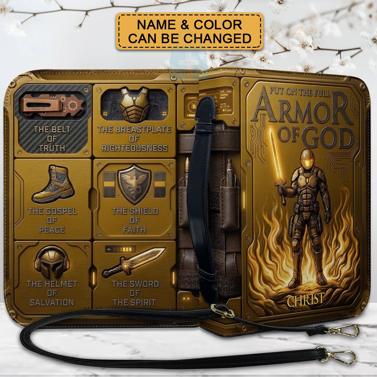 Personalized Bible Cover Armor of God | Custom Name Leather Bible Case with Handle | Christian Gift for Men Women | CHRISTIANARTBAG BLACK02060926