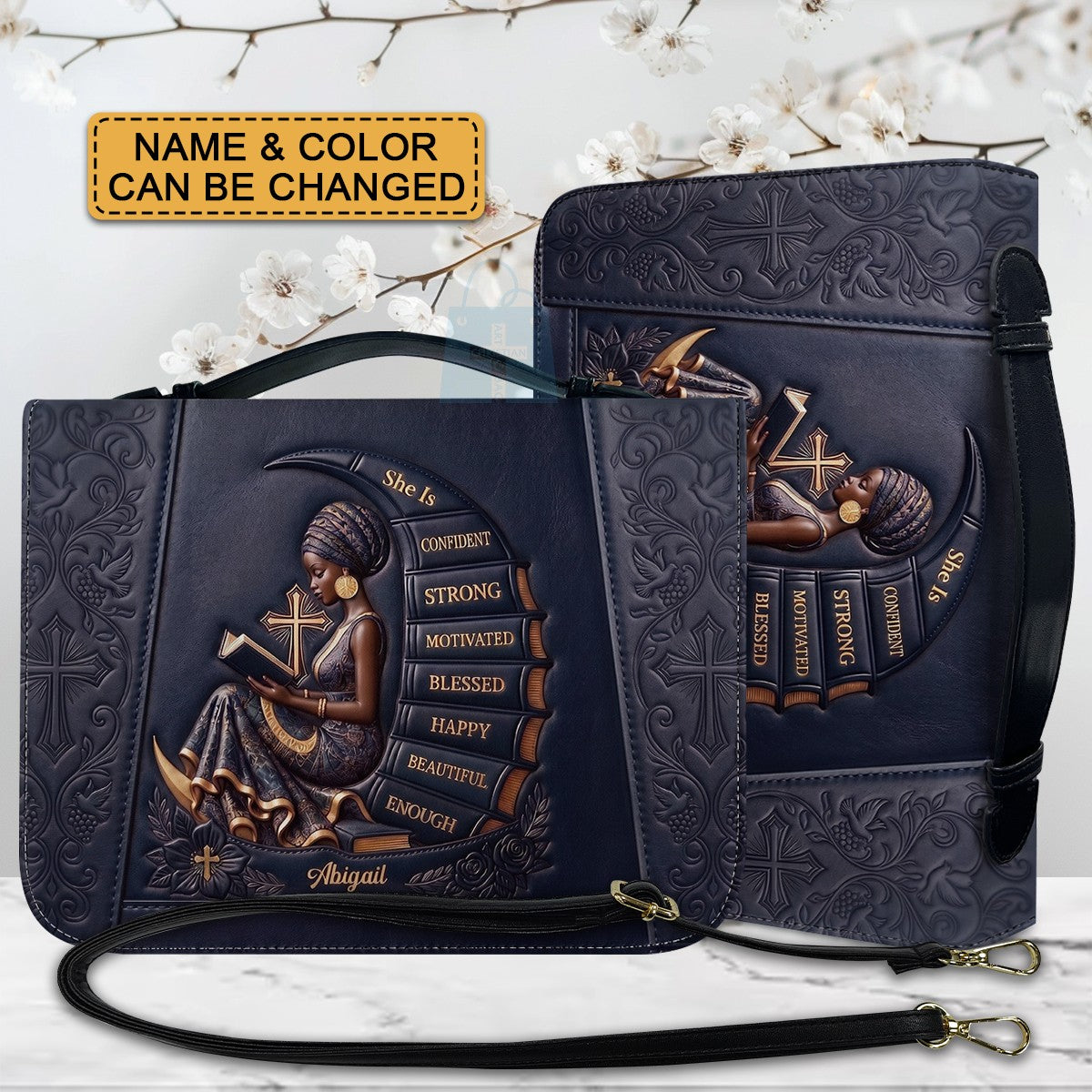 Personalized Bible Cover for Women, Custom Name Leather Bible Bag with Strap - CHRISTIANARTBAG CAB01100126