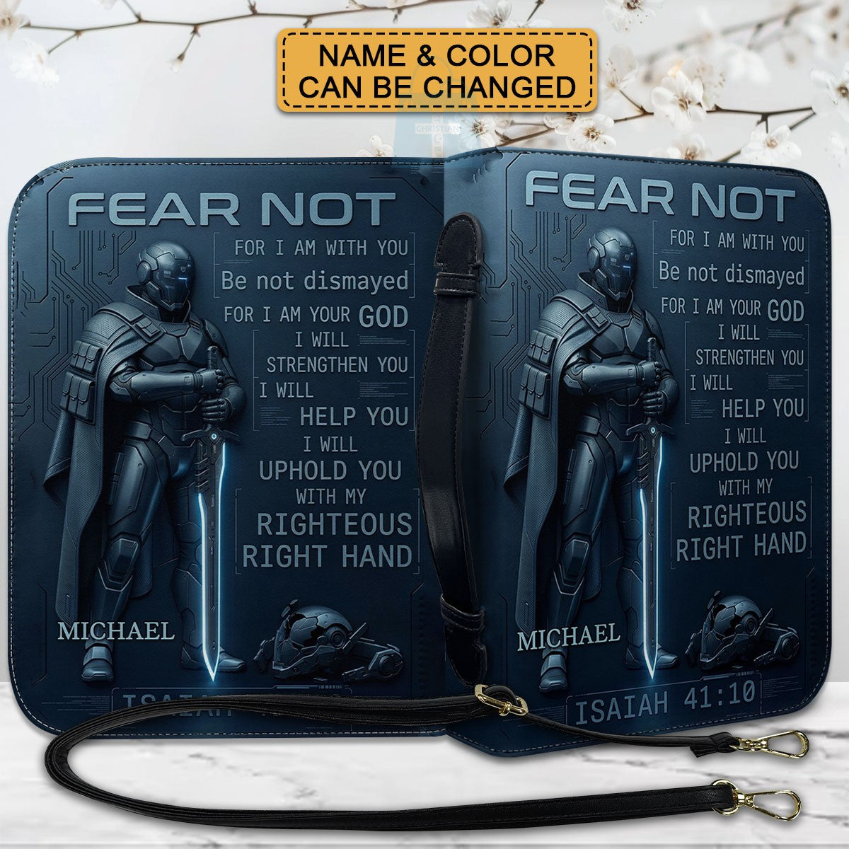 Personalized Tech Minimalism Bible Cover by CHRISTIANARTBAG | Custom Name Sci-Fi Armor Case with Isaiah 41:10 Fear Not Verse CAB01062426