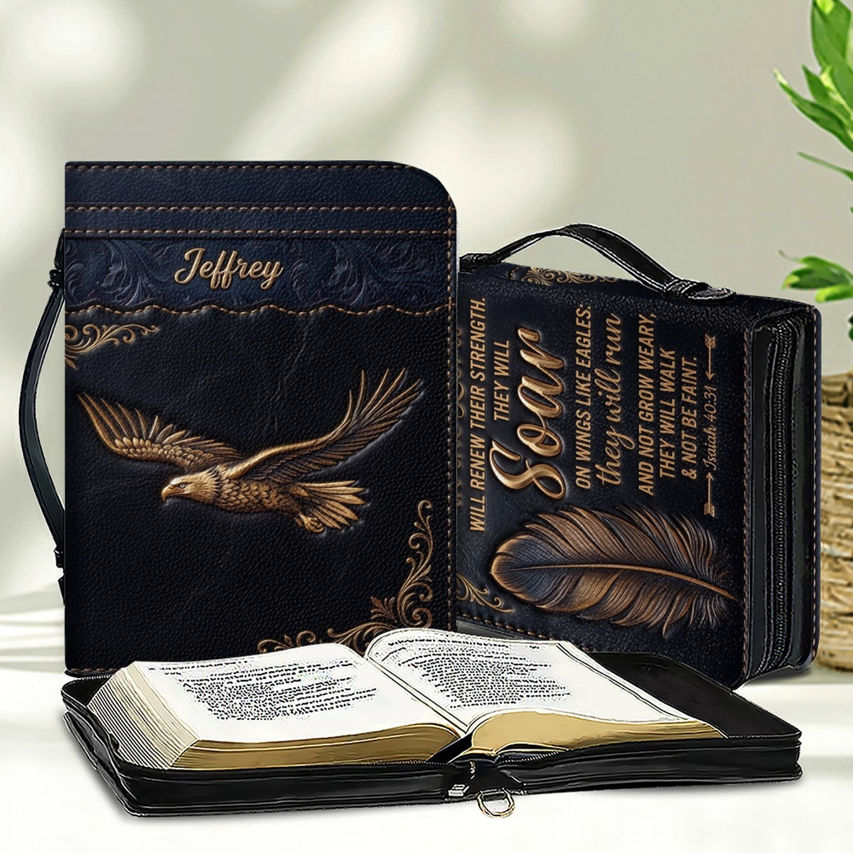 Personalized Bible Cover with Strap by CHRISTIANARTBAG - Custom Engraved Name & Isaiah 40:31 Eagle Design