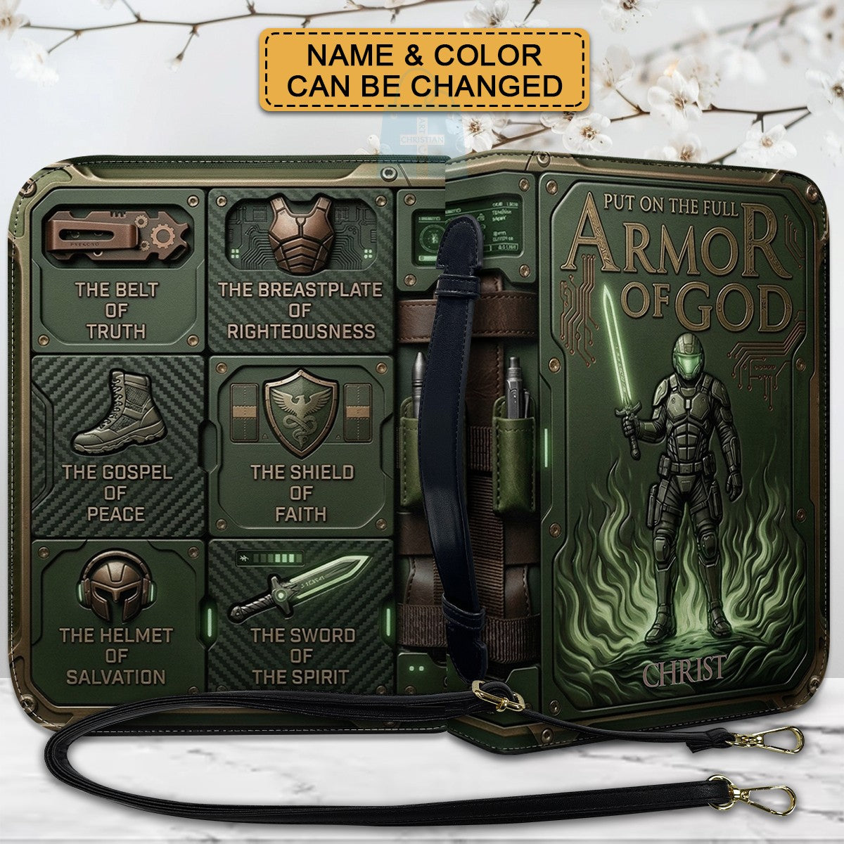Personalized Bible Cover Armor of God | Custom Name Leather Bible Case with Handle | Christian Gift for Men Women | CHRISTIANARTBAG BLACK02060926