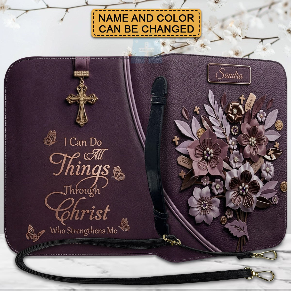 Personalized Bible Cover Case with Handle & Strap, Custom Leather Bible Bag with Name & Scripture - CHRISTIANARTBAG 01080226