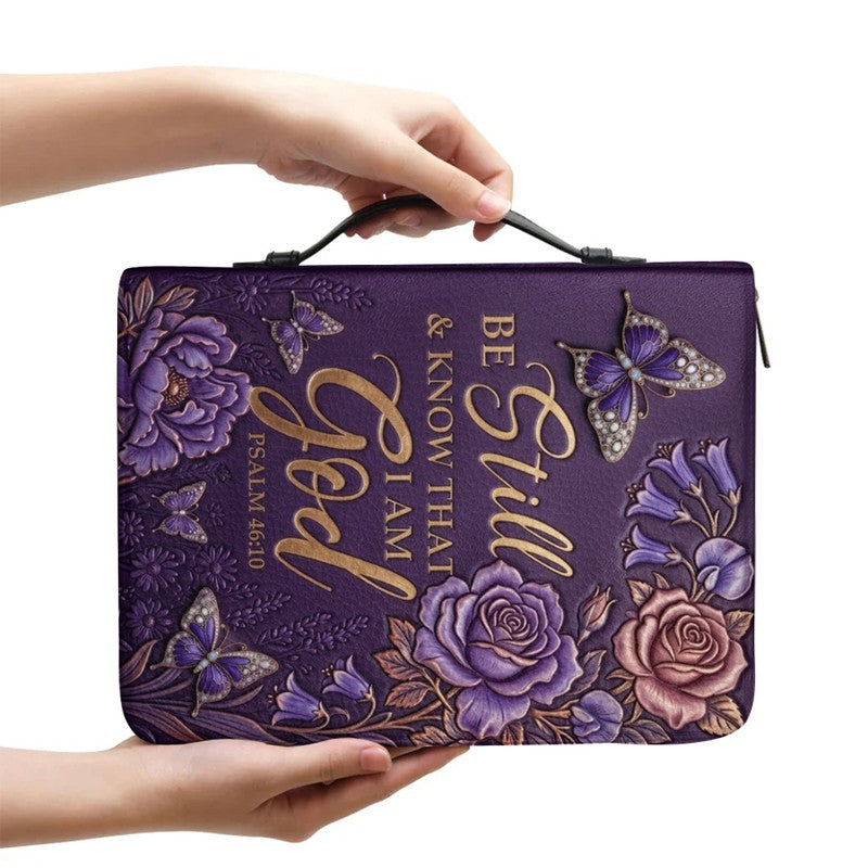 Personalized Bible Cover Case with Handle & Strap, Custom Name & Color Floral Butterfly Bible Carrying Bag, Psalm 46:10 Gift for Women - CHRISTIANARTBAG CAB01092826