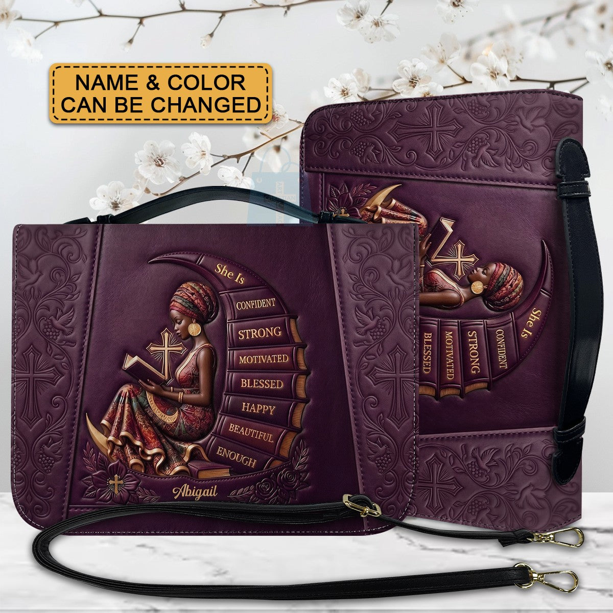 Personalized Bible Cover for Women, Custom Name Leather Bible Bag with Strap - CHRISTIANARTBAG CAB01100126
