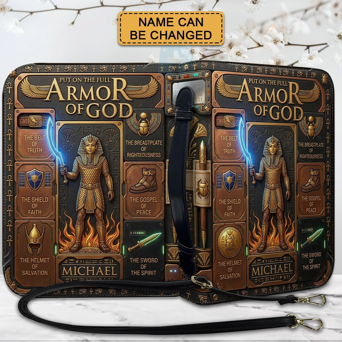 CHRISTIANARTBAG Custom Armor of God Bible Cover | Personalized Men's Egyptian Bible Case with Strap CAB01070226