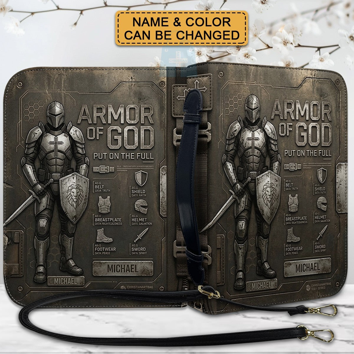 CHRISTIANARTBAG Personalized Armor of God Bible Cover for Men | Custom Name Ephesians 6:10 Leather Bible Case with Handle & Strap | Tech-Series Midnight Bishop Knight Gift CAB01062926