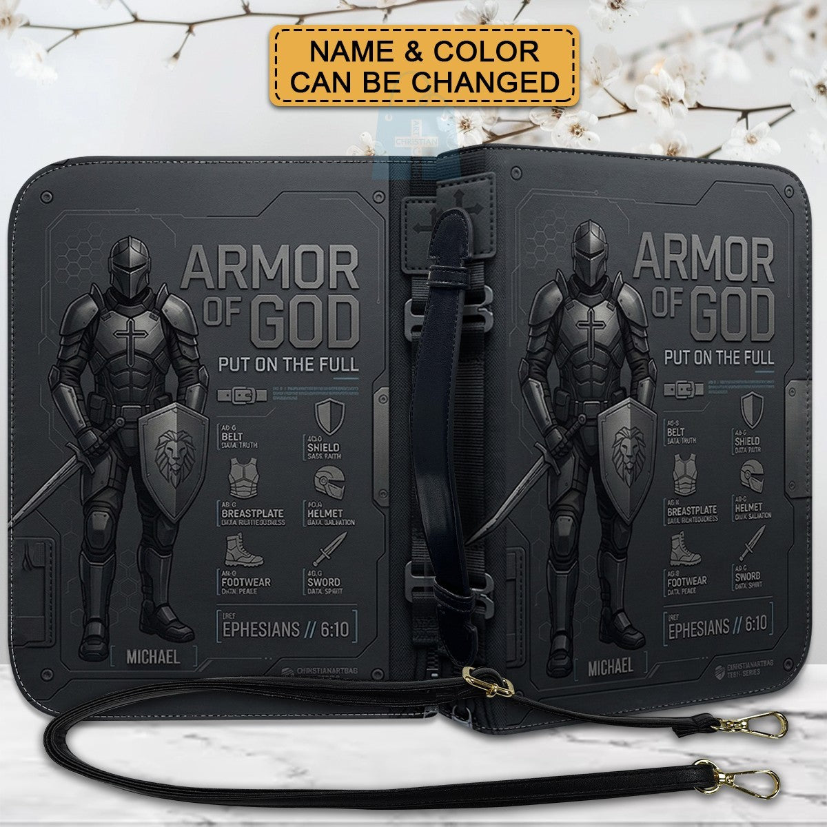 CHRISTIANARTBAG Personalized Armor of God Bible Cover for Men | Custom Name Ephesians 6:10 Leather Bible Case with Handle & Strap | Tech-Series Midnight Bishop Knight Gift CAB01062926