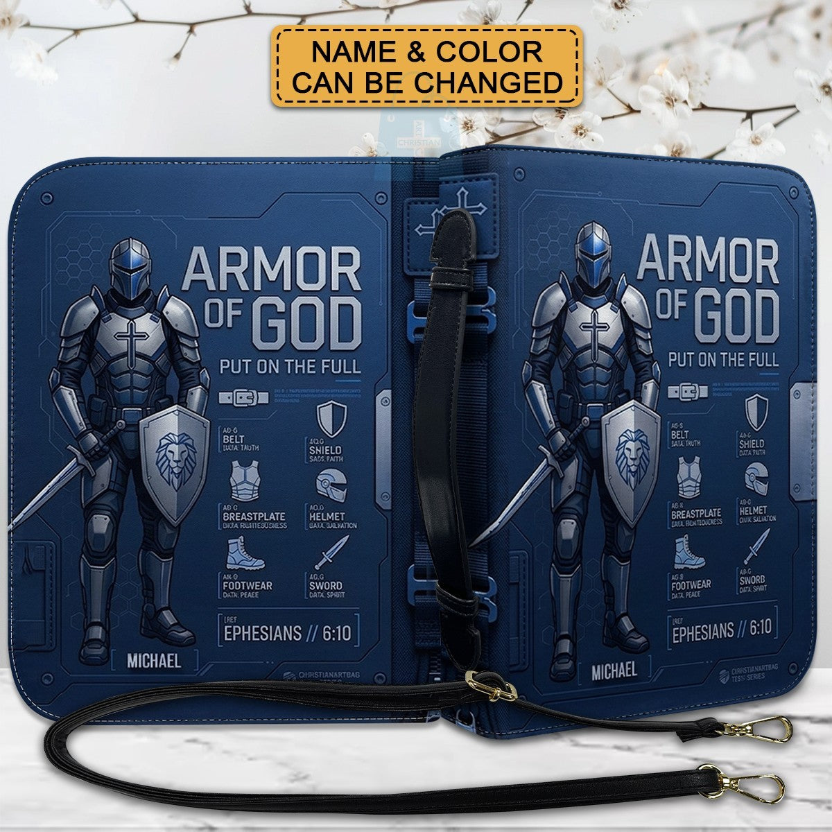 CHRISTIANARTBAG Personalized Armor of God Bible Cover for Men | Custom Name Ephesians 6:10 Leather Bible Case with Handle & Strap | Tech-Series Midnight Bishop Knight Gift CAB01062926