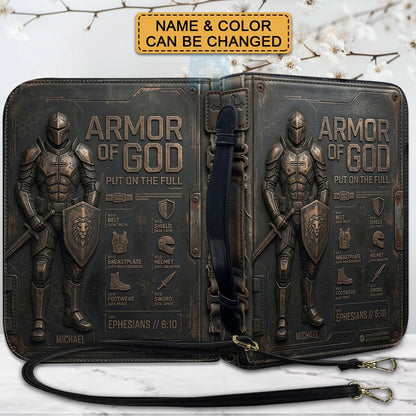CHRISTIANARTBAG Personalized Armor of God Bible Cover for Men | Custom Name Ephesians 6:10 Leather Bible Case with Handle & Strap | Tech-Series Midnight Bishop Knight Gift CAB01062926