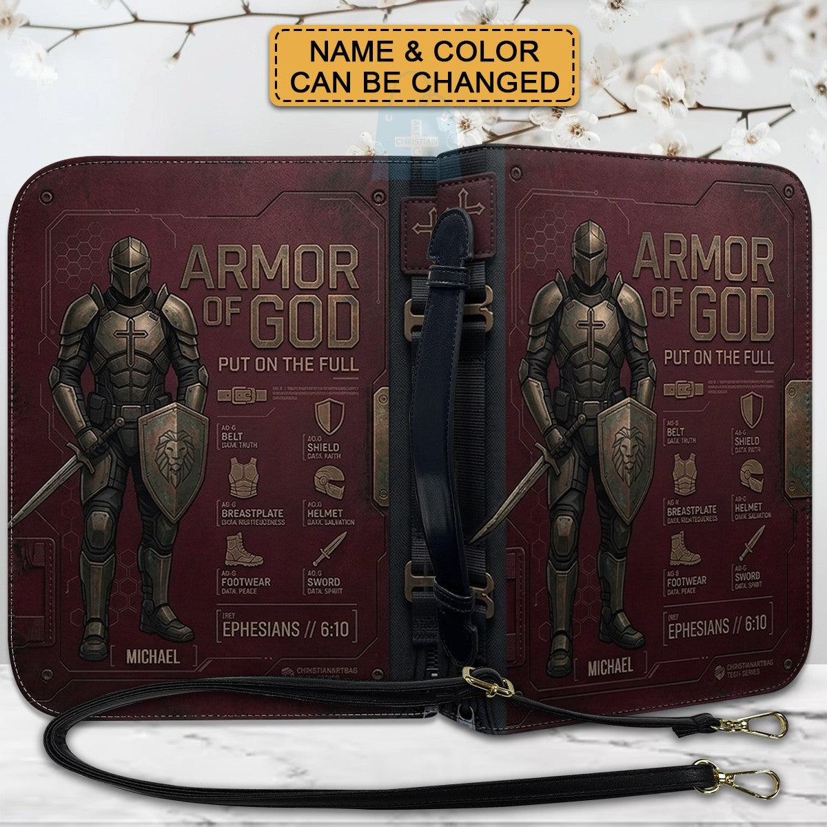 CHRISTIANARTBAG Personalized Armor of God Bible Cover for Men | Custom Name Ephesians 6:10 Leather Bible Case with Handle & Strap | Tech-Series Midnight Bishop Knight Gift CAB01062926