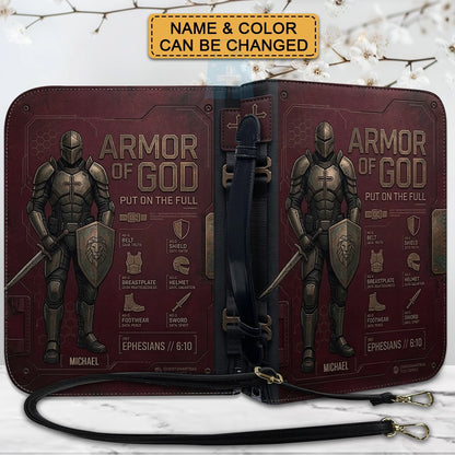 CHRISTIANARTBAG Personalized Armor of God Bible Cover for Men | Custom Name Ephesians 6:10 Leather Bible Case with Handle & Strap | Tech-Series Midnight Bishop Knight Gift CAB01062926