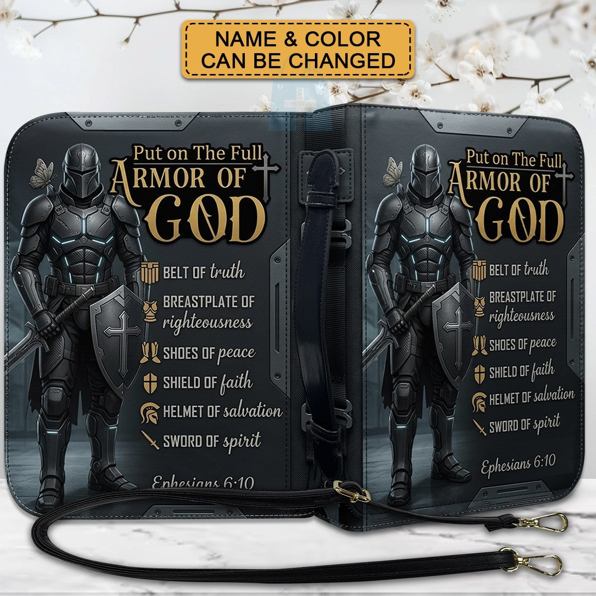 CHRISTIANARTBAG Personalized Armor of God Bible Cover for Men | Custom Name Ephesians 6:10 Leather Bible Case with Handle & Strap | Tech-Series Midnight Bishop Knight Gift CAB01062926