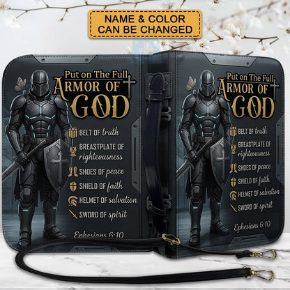 CHRISTIANARTBAG Personalized Armor of God Bible Cover for Men | Custom Name Ephesians 6:10 Leather Bible Case with Handle & Strap | Tech-Series Midnight Bishop Knight Gift CAB01062926