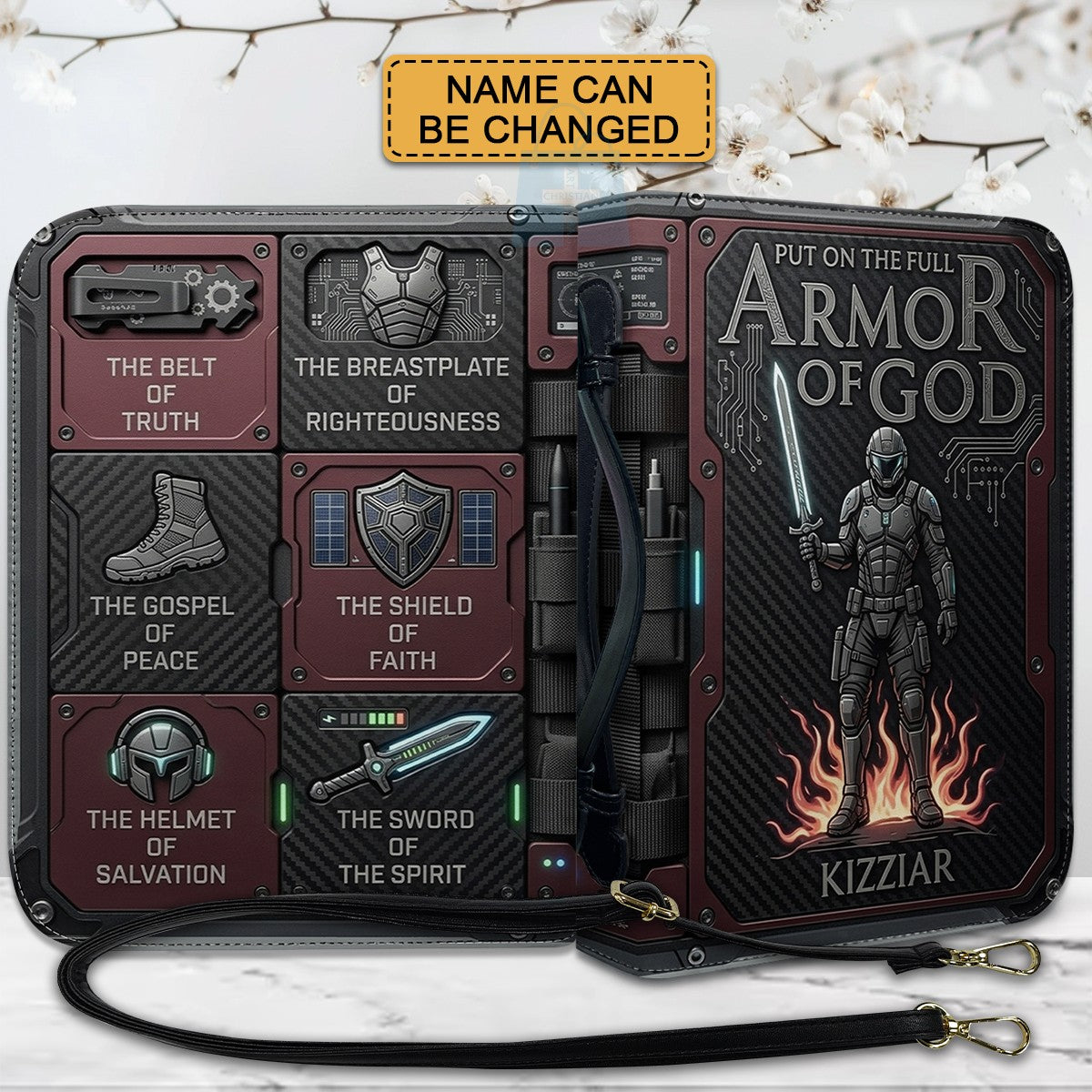 Personalized Bible Cover Armor of God | Custom Name Leather Bible Case with Handle | Christian Gift for Men Women | CHRISTIANARTBAG BLACK02060926