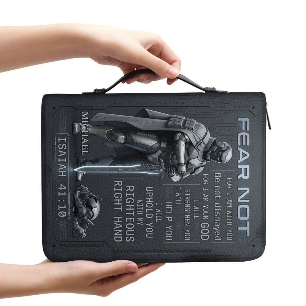 Personalized Tech Minimalism Bible Cover by CHRISTIANARTBAG | Custom Name Sci-Fi Armor Case with Isaiah 41:10 Fear Not Verse CAB01062426