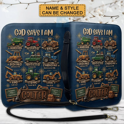 Personalized God Says I Am Kids Bible Cover | Custom Name Boy Bible Case, Premium Vegan Leather, Construction Truck Christian Gift CAB0171726