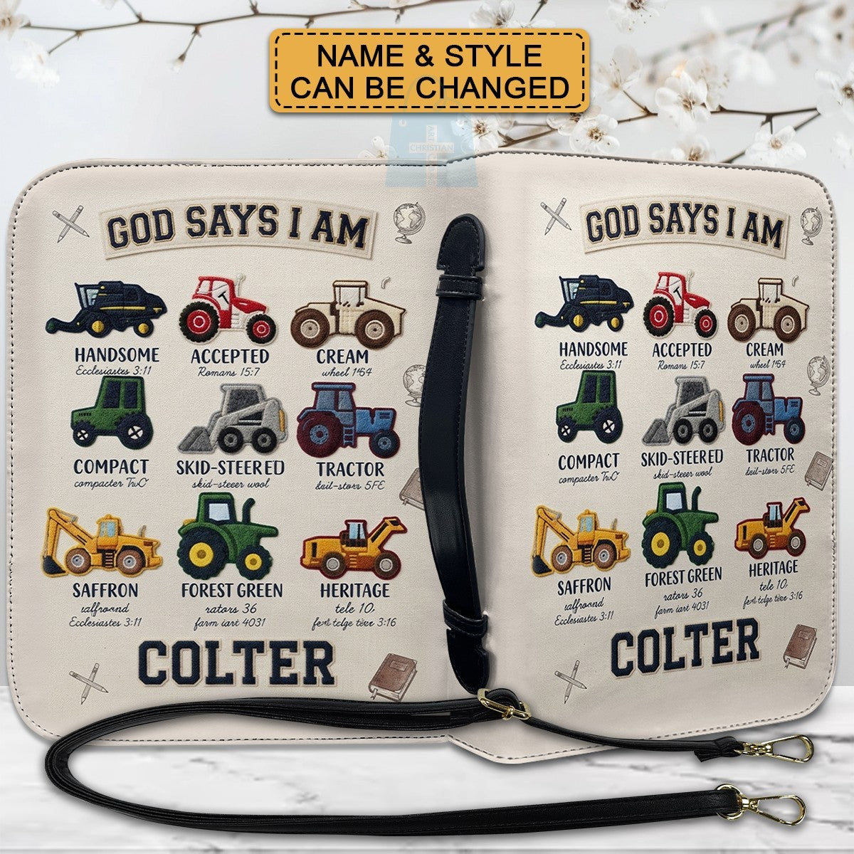 Personalized God Says I Am Kids Bible Cover | Custom Name Boy Bible Case, Premium Vegan Leather, Construction Truck Christian Gift CAB0171726