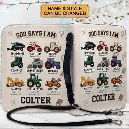 Personalized God Says I Am Kids Bible Cover | Custom Name Boy Bible Case, Premium Vegan Leather, Construction Truck Christian Gift CAB0171726