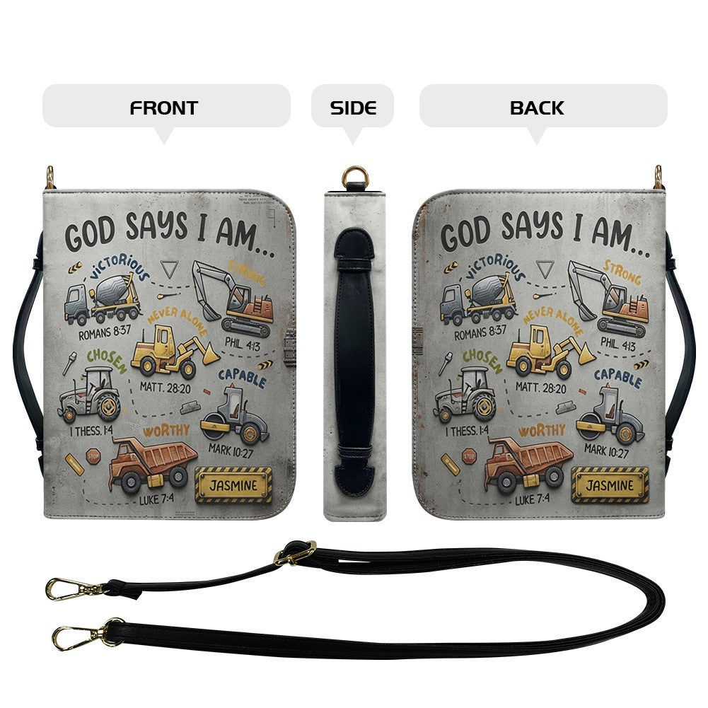 Personalized God Says I Am Kids Bible Cover | Custom Name Boy Bible Case, Premium Vegan Leather, Construction Truck Christian Gift CAB0171726