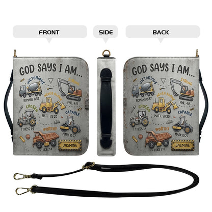 Personalized God Says I Am Kids Bible Cover | Custom Name Boy Bible Case, Premium Vegan Leather, Construction Truck Christian Gift CAB0171726