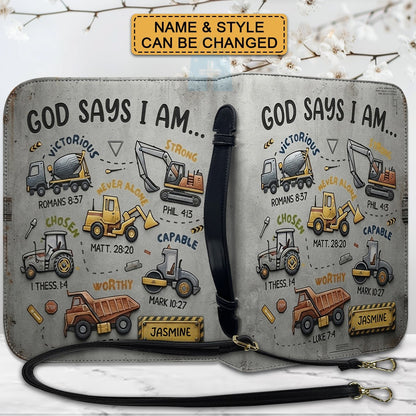 Personalized God Says I Am Kids Bible Cover | Custom Name Boy Bible Case, Premium Vegan Leather, Construction Truck Christian Gift CAB0171726
