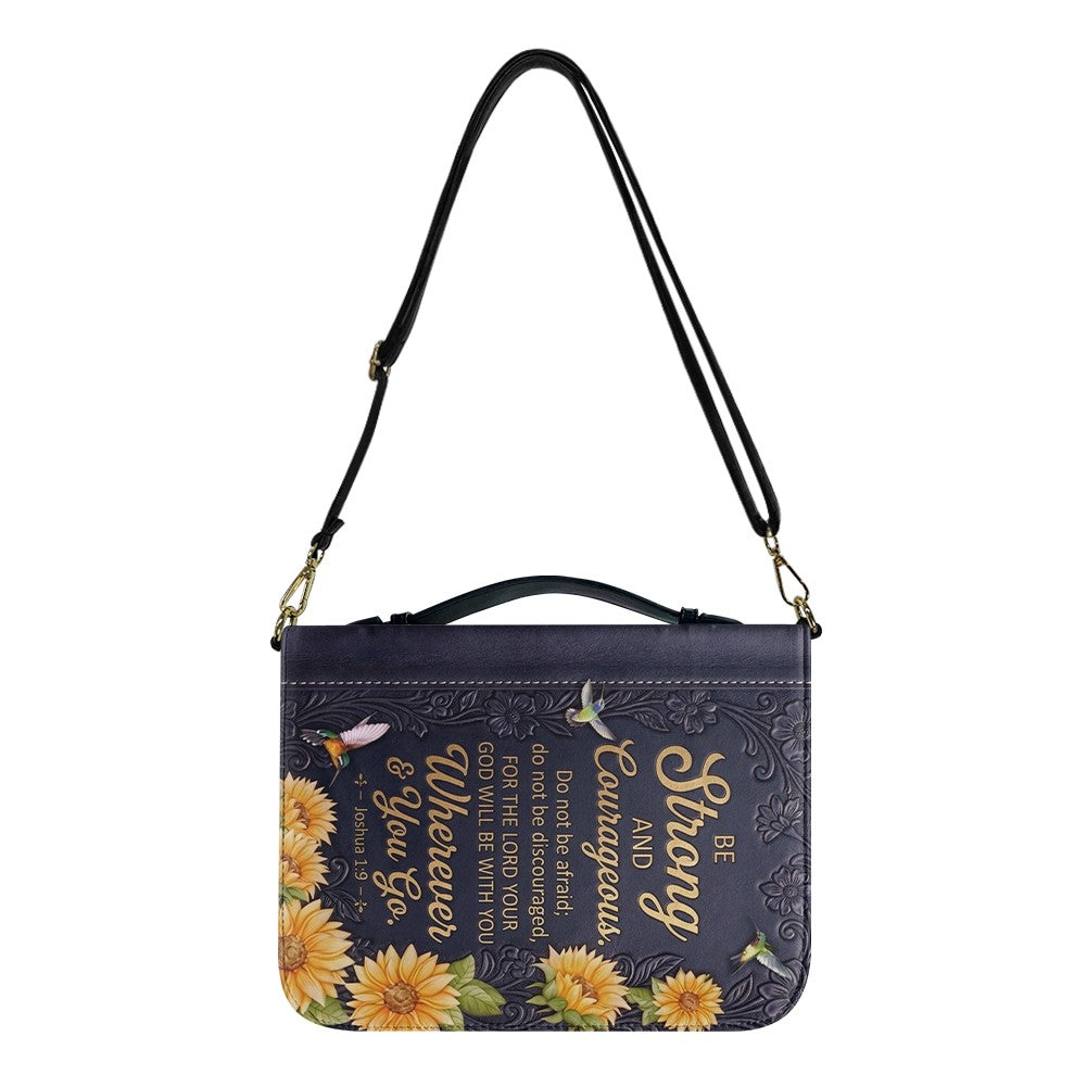 Personalized Bible Cover with Name & Verse - Sunflower Hummingbird Leather Bible Case, Be Strong Joshua 1:9 Christian Gift - CHRISTIANARTBAG 01082326