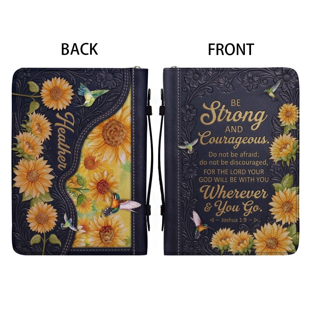 Personalized Bible Cover with Name & Verse - Sunflower Hummingbird Leather Bible Case, Be Strong Joshua 1:9 Christian Gift - CHRISTIANARTBAG 01082326