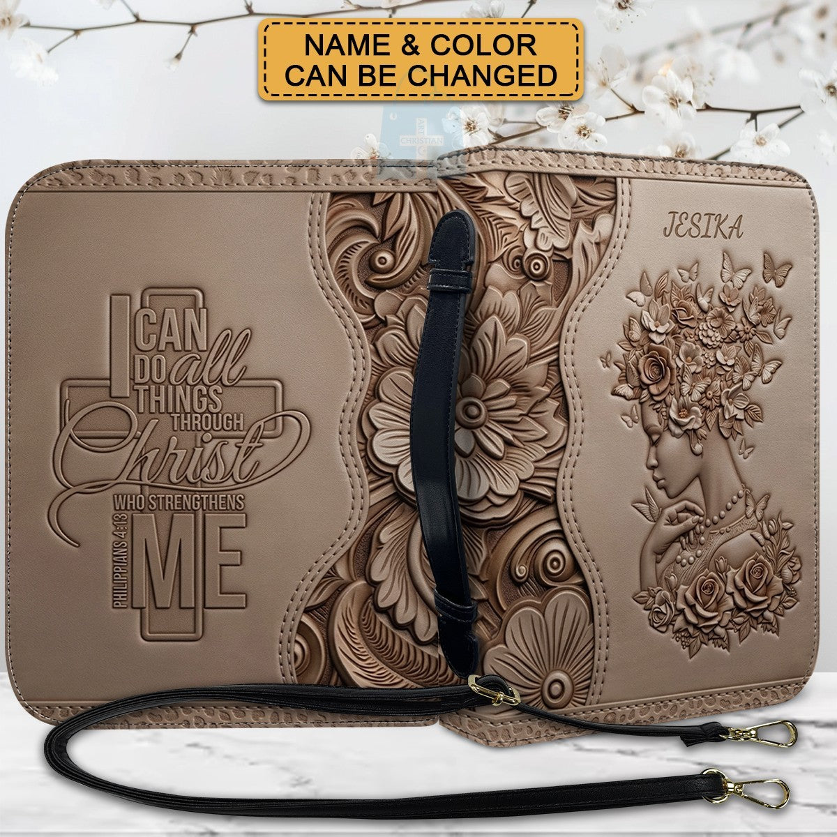 Personalized Leather Bible Cover with Strap - "I Can Do All Things Through Christ" Philippians 4:13, Custom Name Floral Artwork Case by CHRISTIANARTBAG 01082426