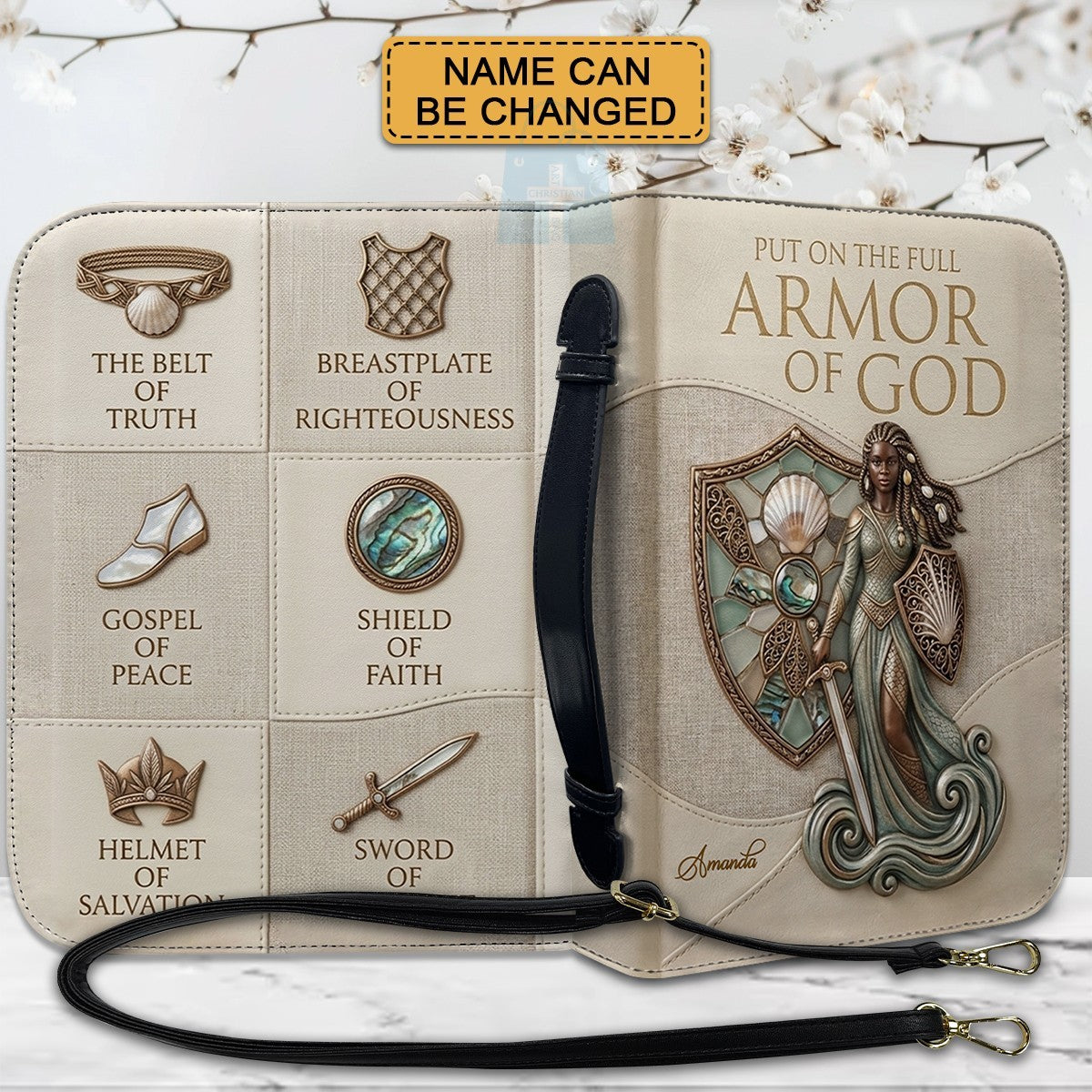 Personalized Leather Bible Cover Featuring Full Armor of God Design with Custom Name and Shoulder Strap by CHRISTIANARTBAG CAB016426