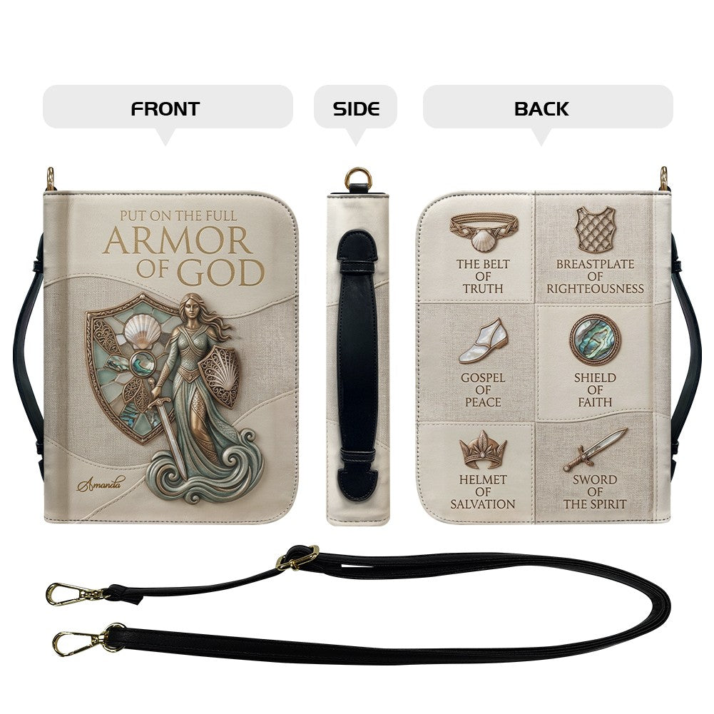 Personalized Leather Bible Cover Featuring Full Armor of God Design with Custom Name and Shoulder Strap by CHRISTIANARTBAG CAB016426