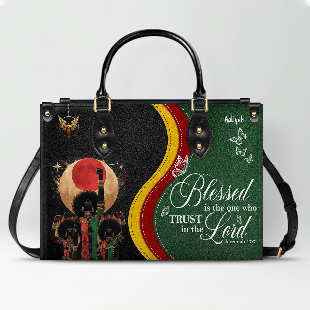 Personalized Christian Leather Handbag for Women – Black Pride Faith Purse with Custom Name & Bible Verse – CHRISTIANARTBAG