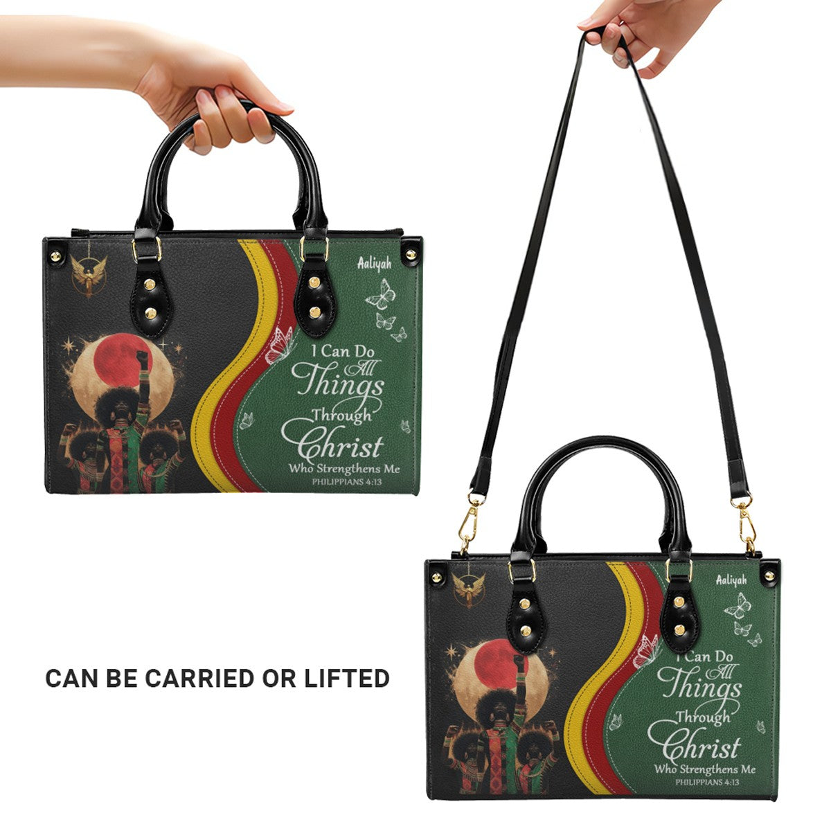 Personalized Christian Leather Handbag for Women – Black Pride Faith Purse with Custom Name & Bible Verse – CHRISTIANARTBAG