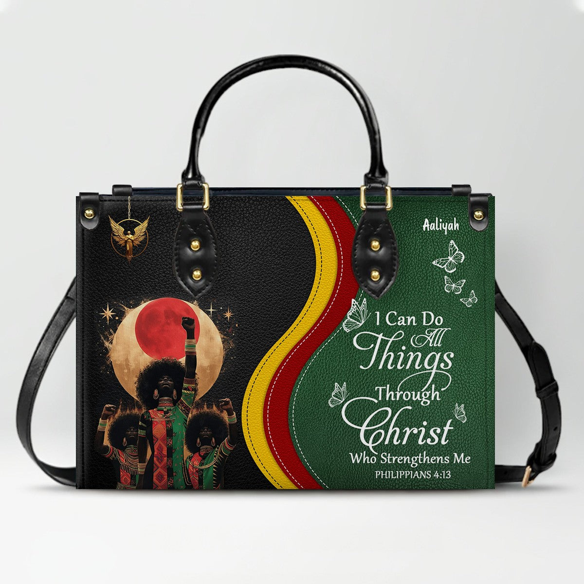 Personalized Christian Leather Handbag for Women – Black Pride Faith Purse with Custom Name & Bible Verse – CHRISTIANARTBAG