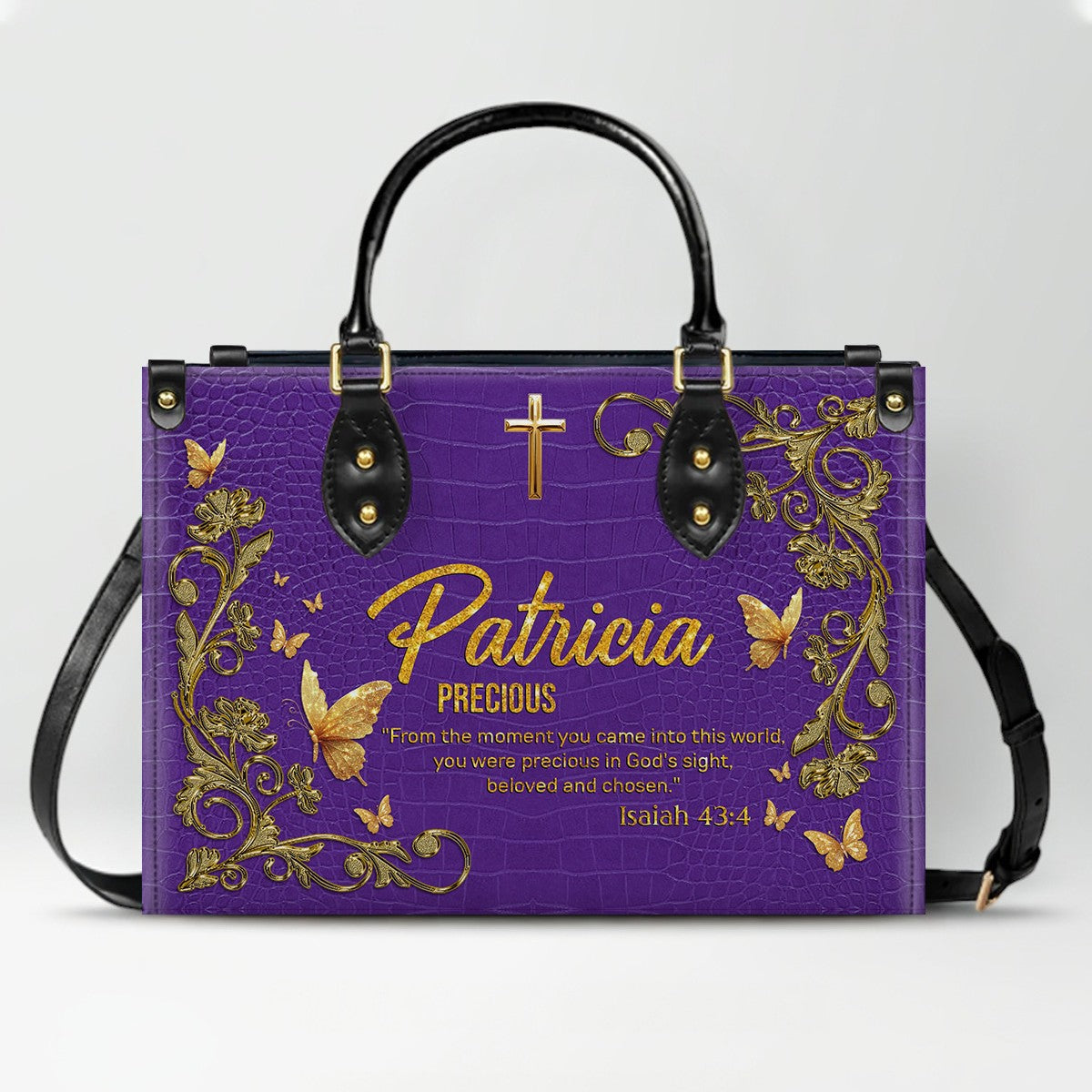 Personalized Christian Leather Handbag with Free Clutch – Custom Name & Bible Verse Meaning – Luxury Faith Gift for Women