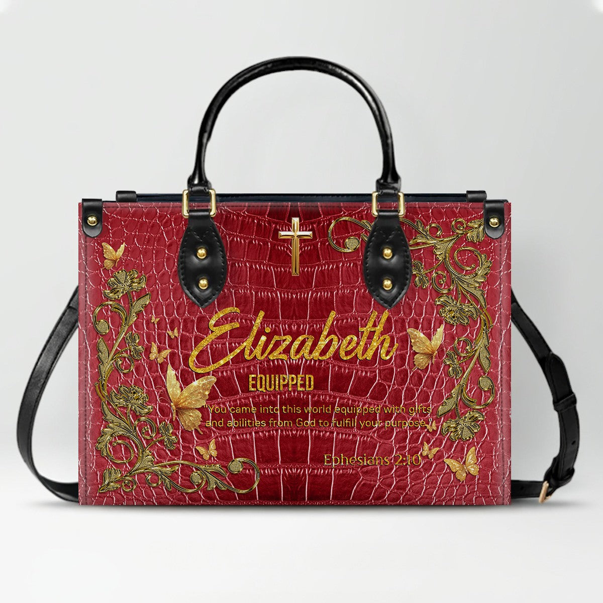 Personalized Christian Leather Handbag with Free Clutch – Custom Name & Bible Verse Meaning – Luxury Faith Gift for Women