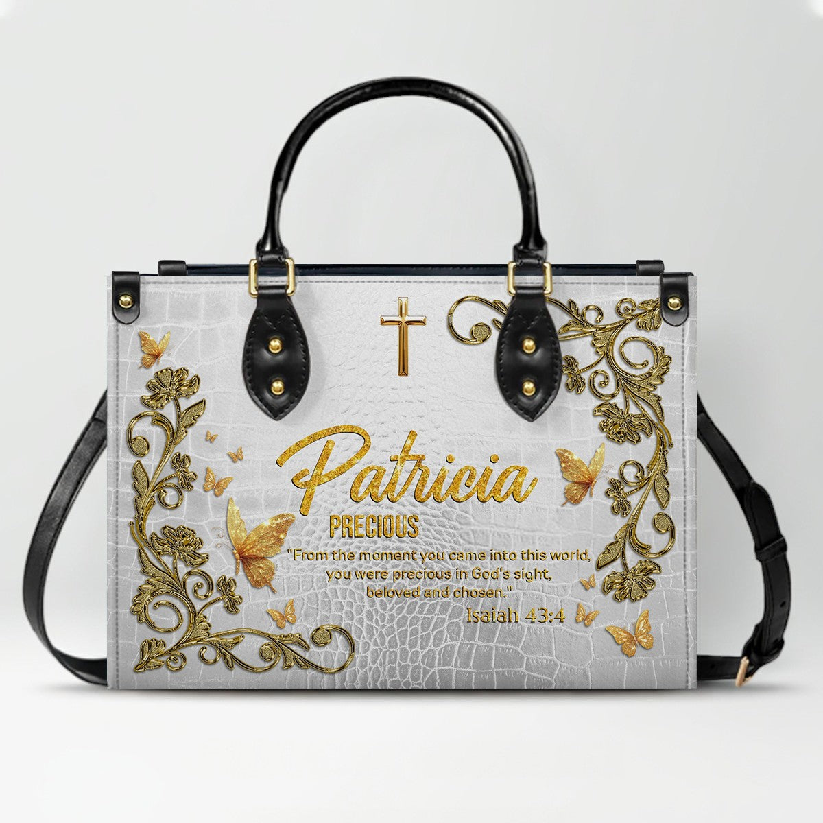 Personalized Christian Leather Handbag with Free Clutch – Custom Name & Bible Verse Meaning – Luxury Faith Gift for Women