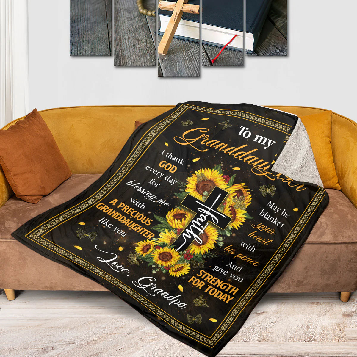 Personalized Faith Sunflower Blanket for Granddaughter - Fleece Blanket From Grandpa - CHRISTIANARTBAG CABBL01050424