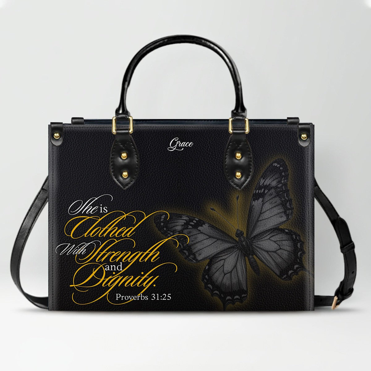 CHRISTIANARTBAG Personalized Leather Handbag - Custom Name & Bible Verse Butterfly Tote - Faith-Inspired Gift for Women CAB02020326
